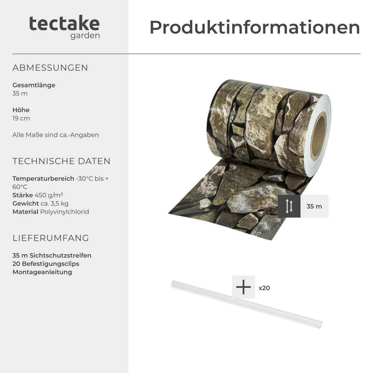 SICHTSCHUTZSTREIFEN ,leichte Montage, inklusive Befestigungsclips,stein-optik - Pinienfarben, Kunststoff (3500/19cm) - tectake