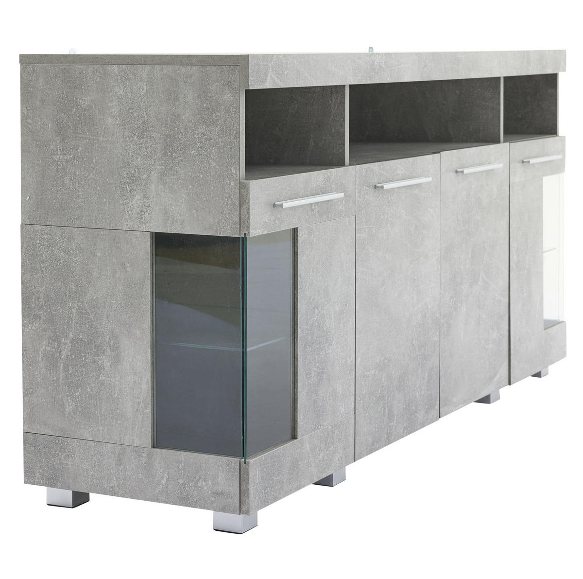 SIDEBOARD, 140/40/70 cm, MDF a tvrzené sklo, cementově šedé, s LED osvětlením - šedá, kompozitní dřevo (140/70/40cm) - BEAOK