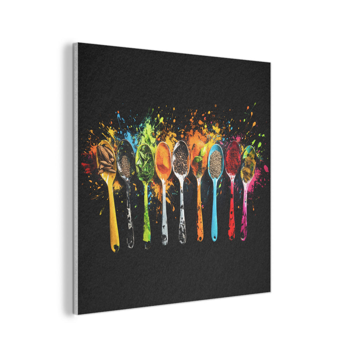 AKUSTIKBILD Löffel - Gewürze - Modern - Graffiti - Farbe - Farbenfroh Akustikpaneele 90x90 cm - Multicolor, Textil (90/90/0.9cm) - MuchoWow