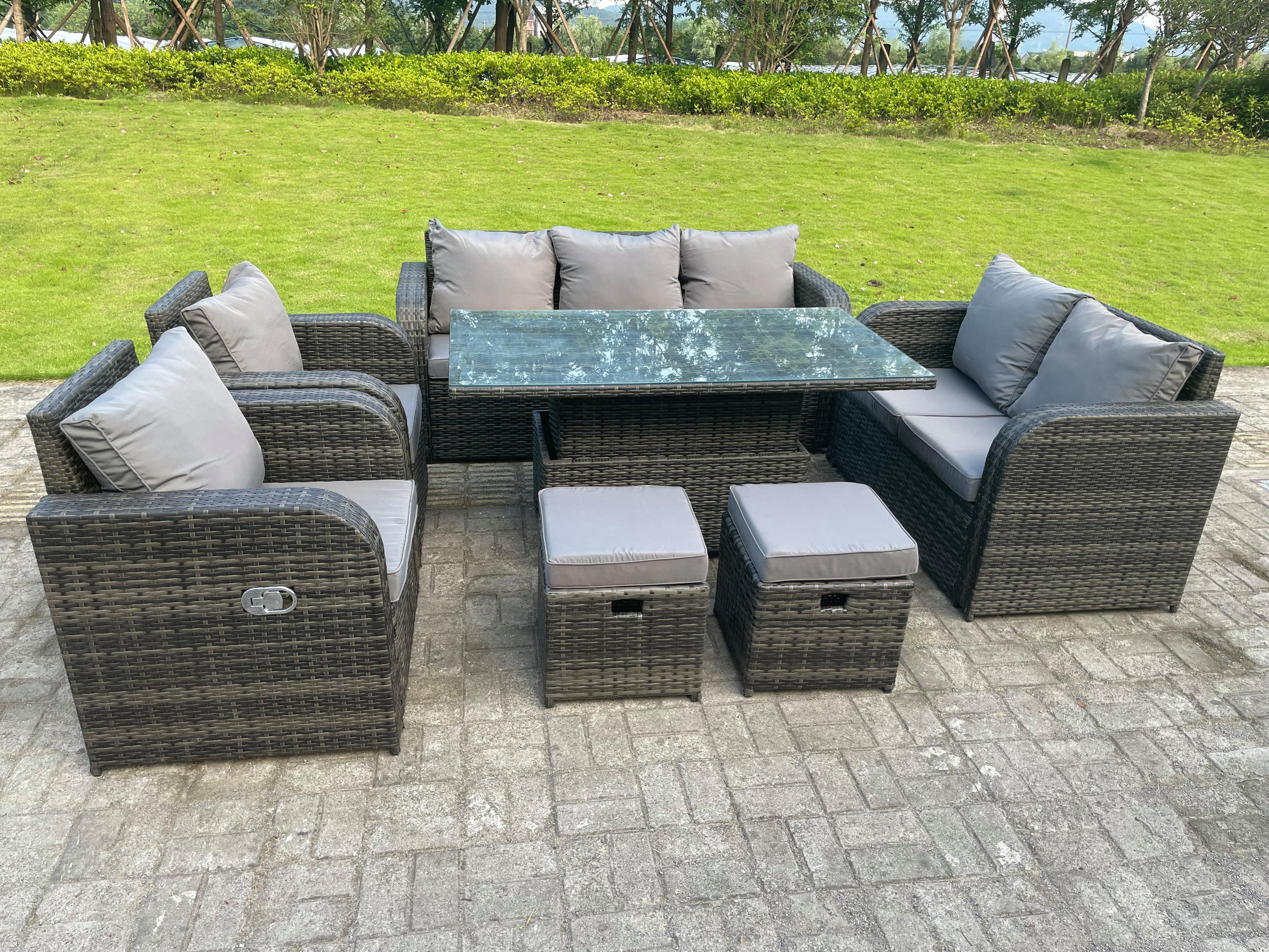 GARTENTISCHGRUPPE Polyrattan 9-Sitzer - Dunkelgrau/Grau, Glas/Kunststoff - Fimous