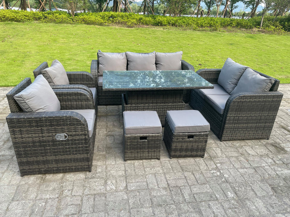 GARTENTISCHGRUPPE Polyrattan 9-Sitzer - Dunkelgrau/Grau, Glas/Kunststoff - Fimous