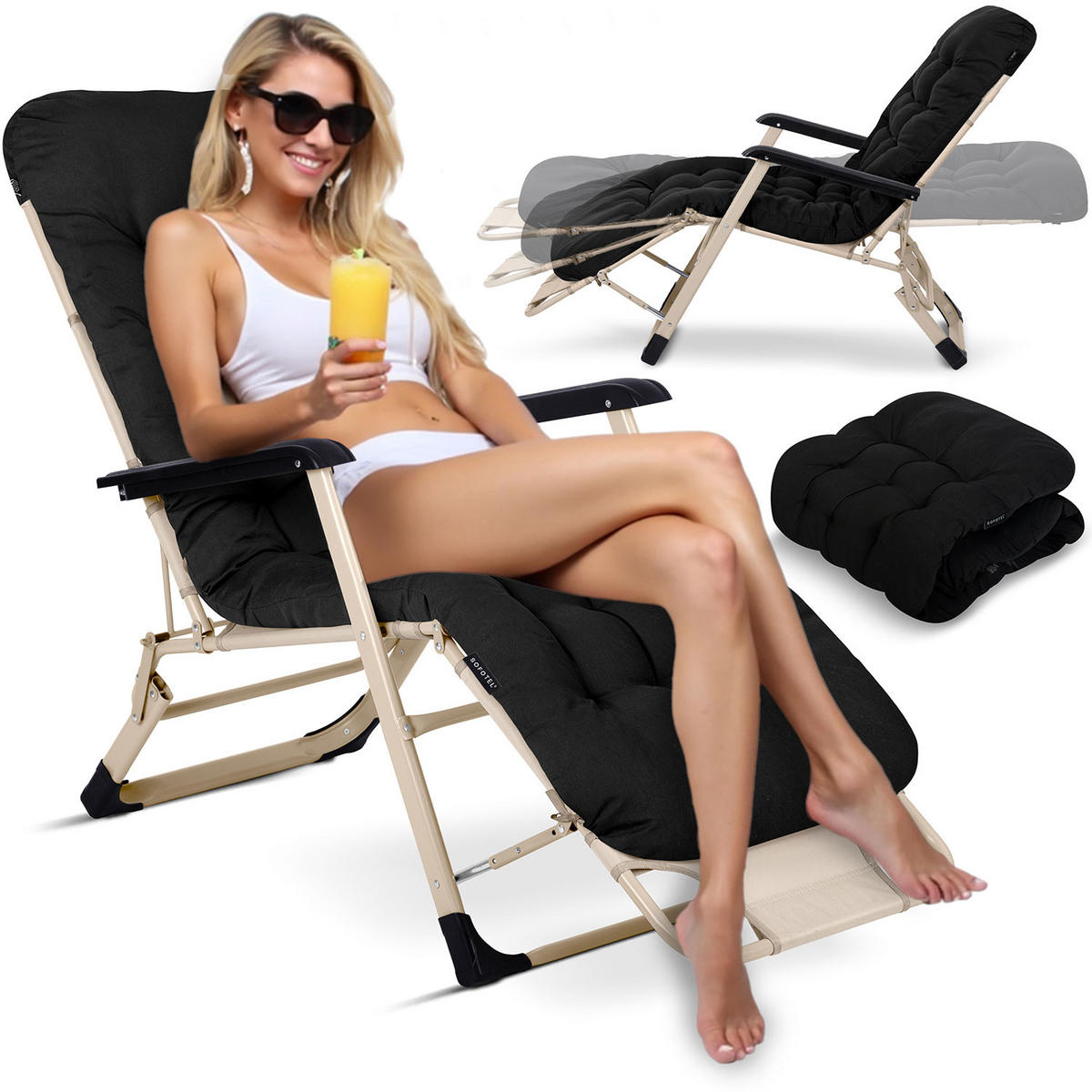 GARTEN-RELAXSESSEL Klappbarer mit Kissen, Schwarz - Schwarz, Metall (60/102/110cm)
