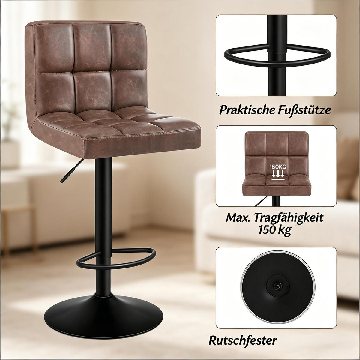 BARHOCKER Dunkelbraun 1er-Set Höhenverstellbar Drehbar mit Armlehnen - Dunkelbraun, Metall (38/114/44cm) - PANGIVO