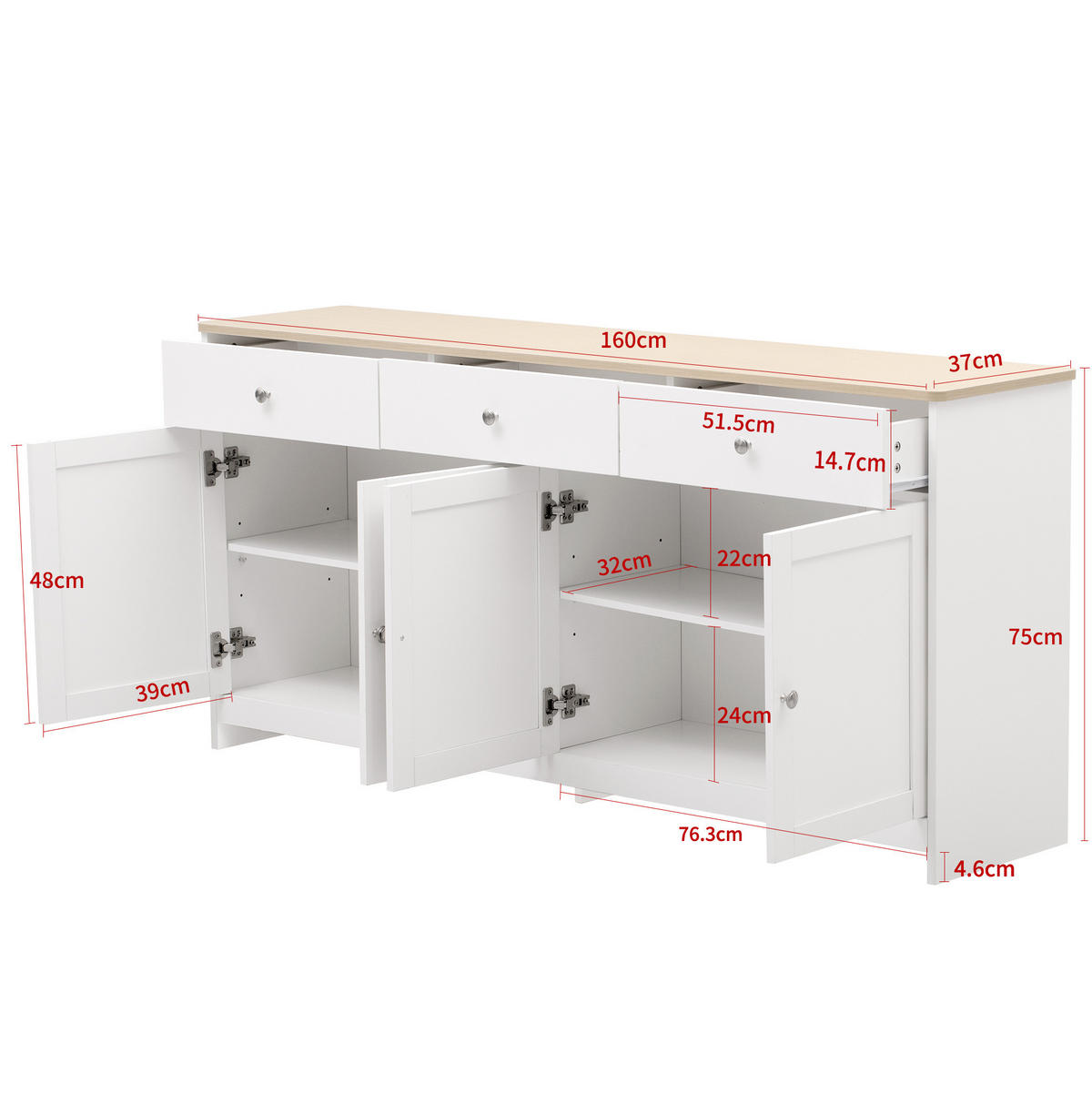 SIDEBOARD 160/37/75 cm mit 4 Türen & 3 Schubladen im Landhausstil - Weiß, Holzwerkstoff (160/75/37cm) - BEAOK