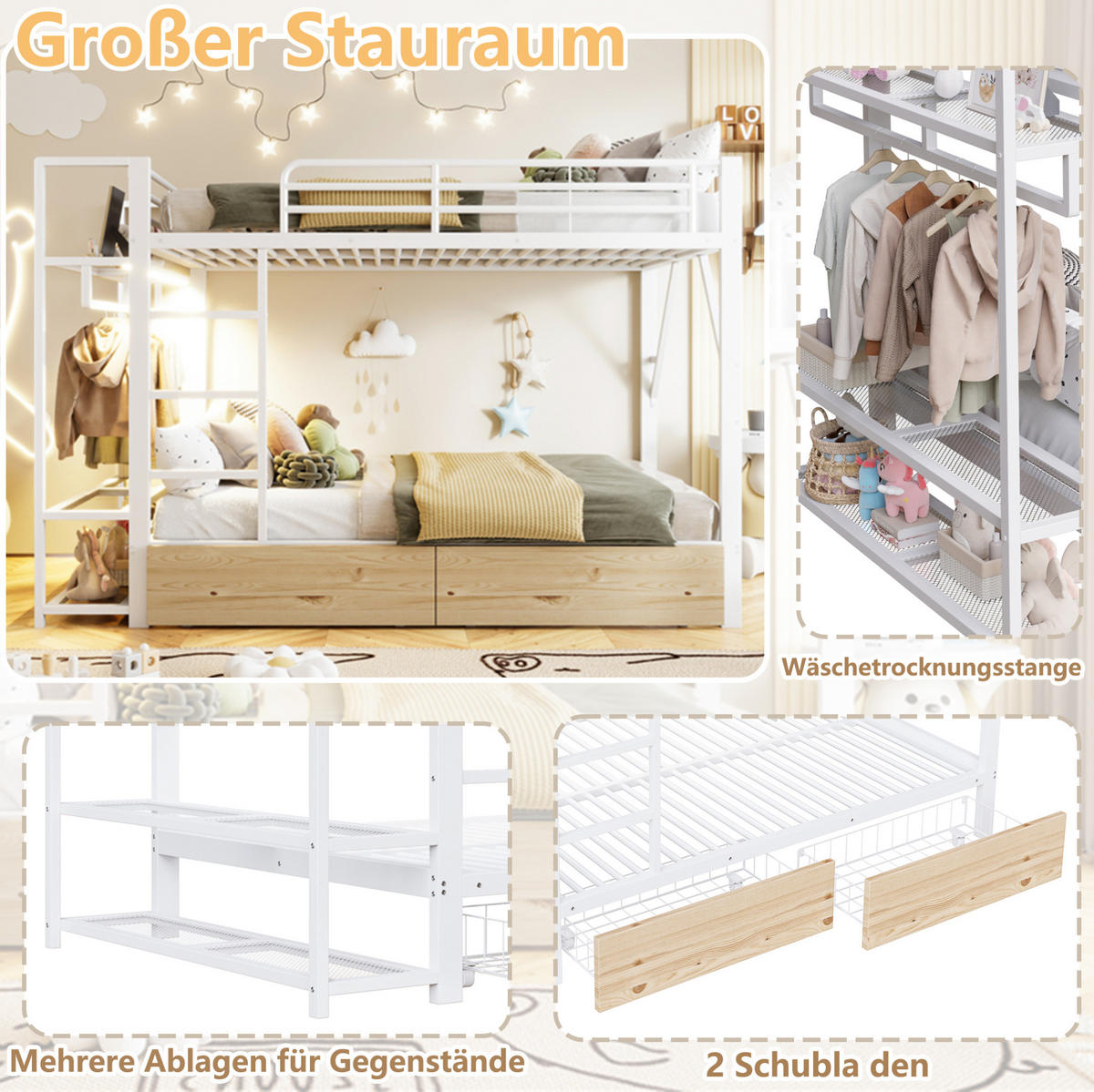 ETAGENBETT 140/200 cm Weiß mit LED, 2 Schubladen, Ablageflächen, ohne Matratze - Weiß, Metall (140/200cm) - MIVRAY