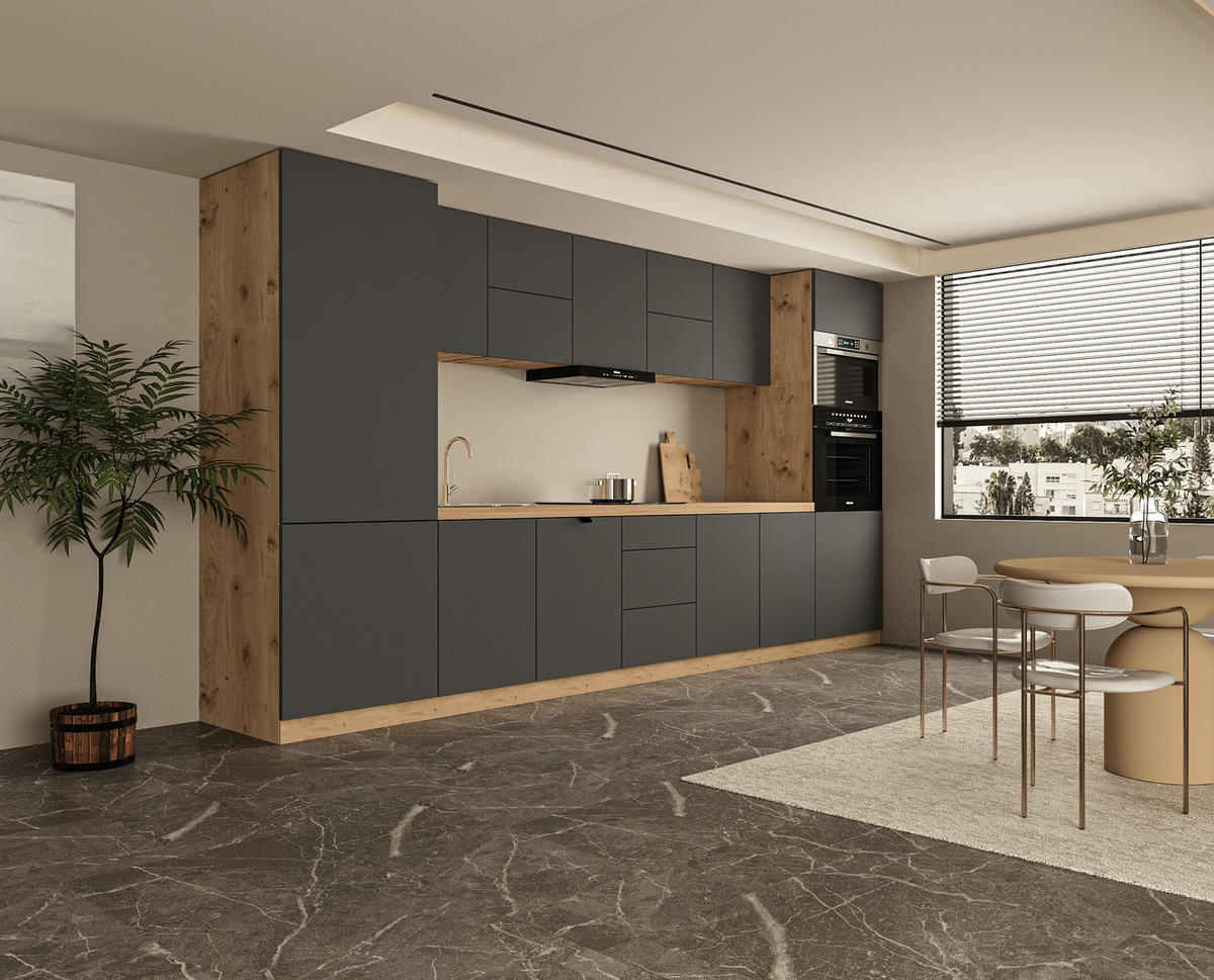 KÜCHENZEILE 420 cm - Langen KL12-M420 - in Grau/ Matt - Grau, Holz (420/212/58cm)