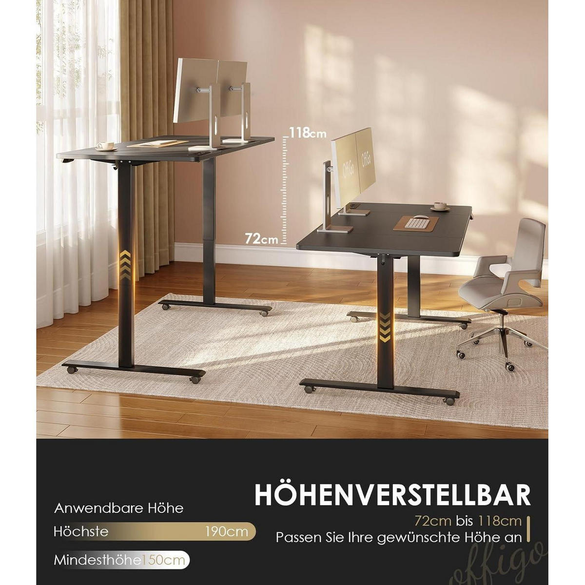 SCHREIBTISCH Höhenverstellbar Elektrisch 180 cm Schwarz mit USB und Memory Funktion - Schwarz, Holzwerkstoff (70/180/72cm)