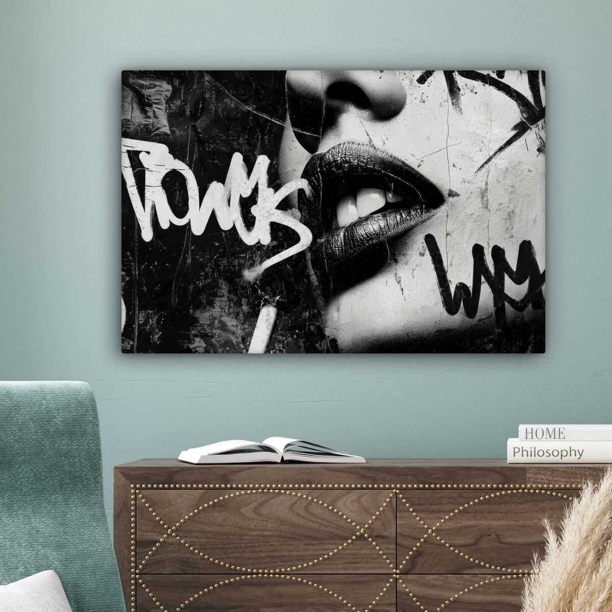 LEINWANDBILD Gesicht - Mund - Graffiti - Schwarz Wanddeko 90x60 cm - Schwarz, Textil (90/60cm) - MuchoWow