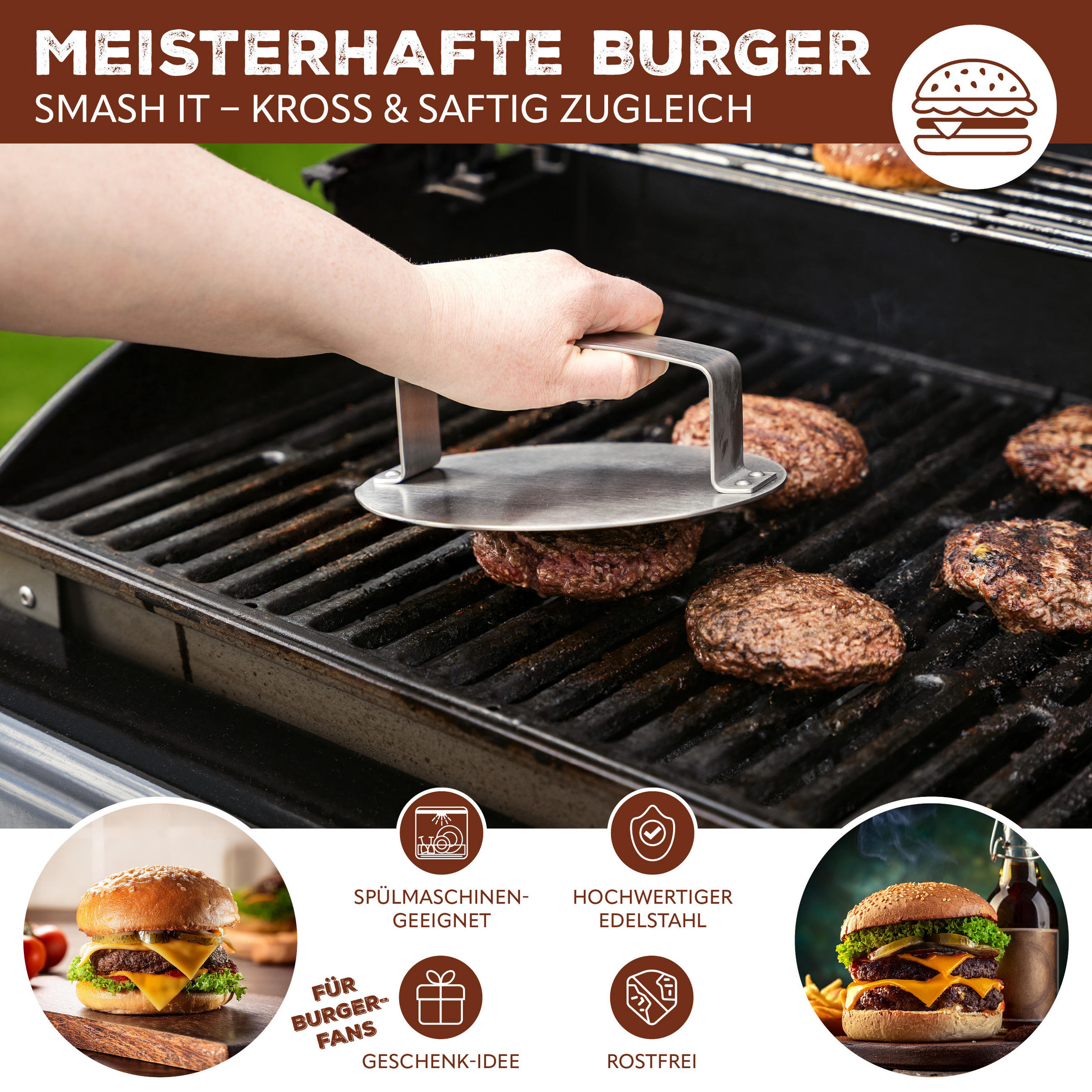 BURGERPRESSE, silber, Edelstahl - Edelstahlfarben, Metall (18/6/18cm) - bremermann