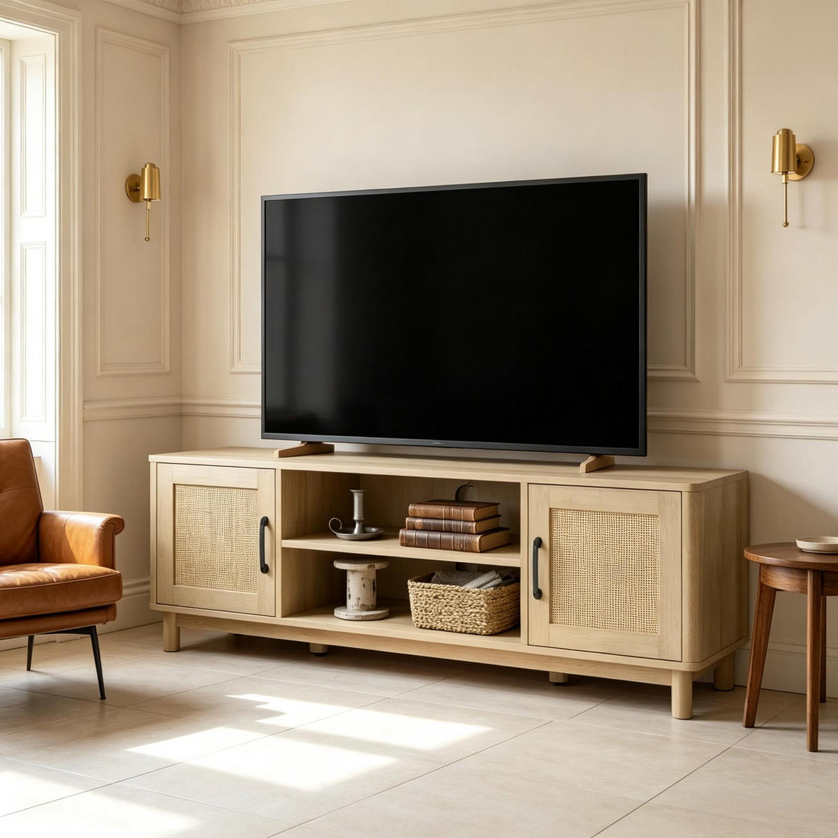 TV-SCHRANK 135/39/45 cm Eiche mit 2 Rattan-Türen und offenen Fächern - Eichefarben, Holz/Holzwerkstoff (135/45/39cm) - Oxeza