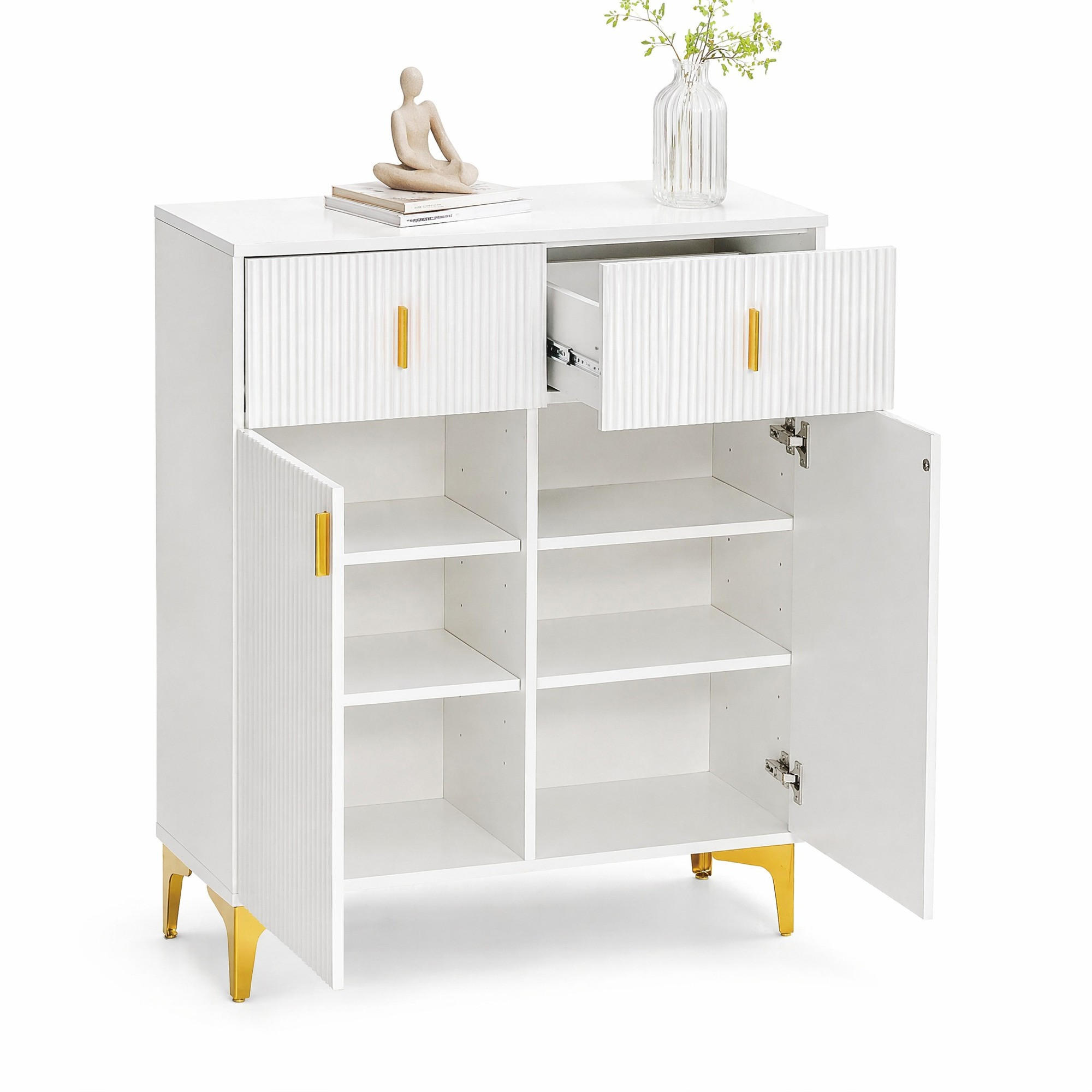 IN Weiß Schuhschrank mit Strukturpaneelen, verstellbaren Einlegeböden und Schubladen , B83/T35/H101cm - Goldfarben/Weiß, Holzwerkstoff/Metall (82/101/35cm) - STILVORA