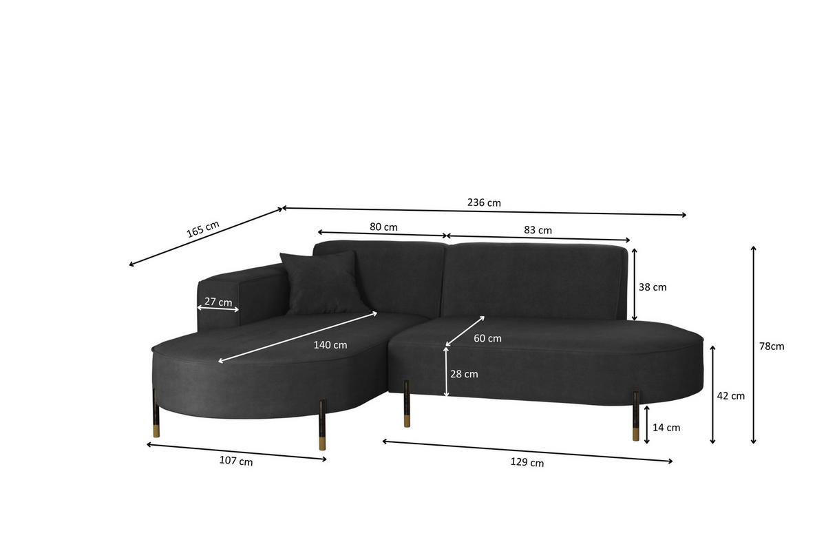 ECKSOFA L-Form Designer Modena Rein Stoff Noel Graphit Links - Graphitfarben, Holz/Textil (165/236cm) - Kaiser Möbel