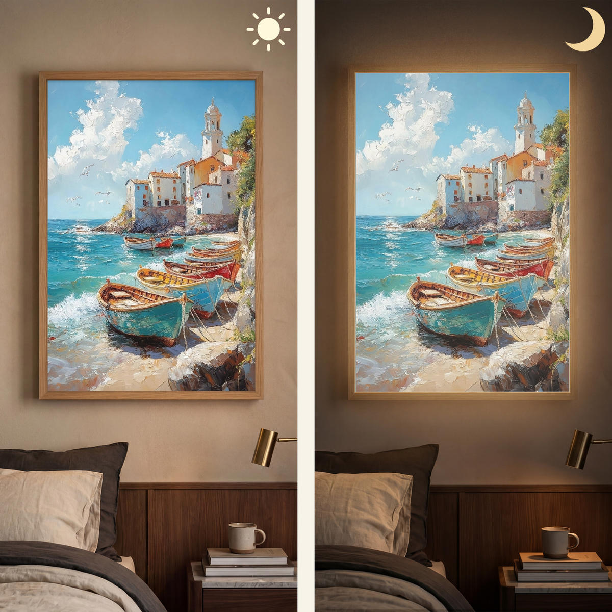 NÁSTĚNNÁ LAMPA S AKUMULÁTOREM Lodě - skály - moře - slunce 60x90 cm - modrá, kompozitní dřevo (60/90/8cm) - OnlyWow