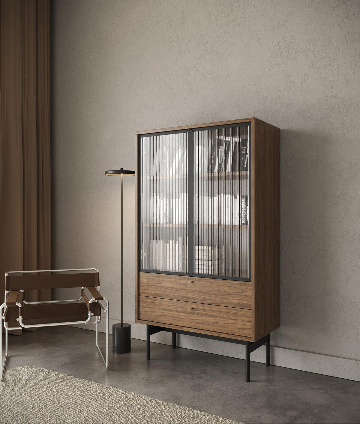 VITRINE Olar II Holzoptik Carini Nussbaum 85 cm - černá/zlatá, kov/kompozitní dřevo (85/150/41cm) - Selsey