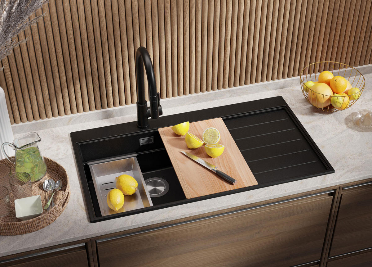 SPÜLBECKEN Sydney, 2-er set Alles Schwarz 90/50 cm 1 Becken + Ablauf-Set + Küchenzubehörset ab 60er Unterschrank - Schwarz, Kunststoff (90/20/50cm) - Primagran