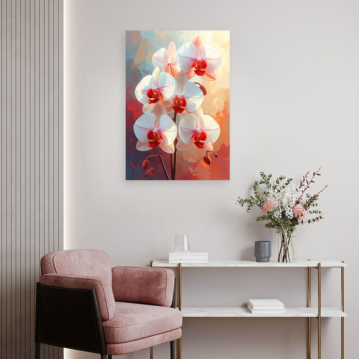 WANDBILD, Weiße Orchideen mit roten Akzenten in Pastellfarben - Rot, Textil (80/120cm) - Feeby