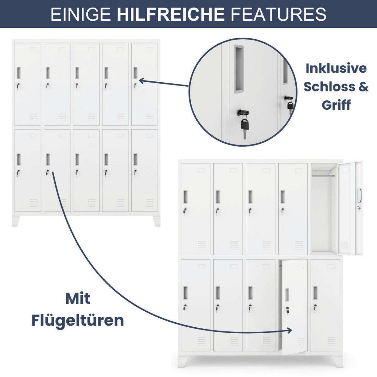 UMKLEIDESCHRANK Spind BERLIN 10 Abteile 172x136x45cm Weiß - Weiß, Metall (136/172/45cm) - DELUKE