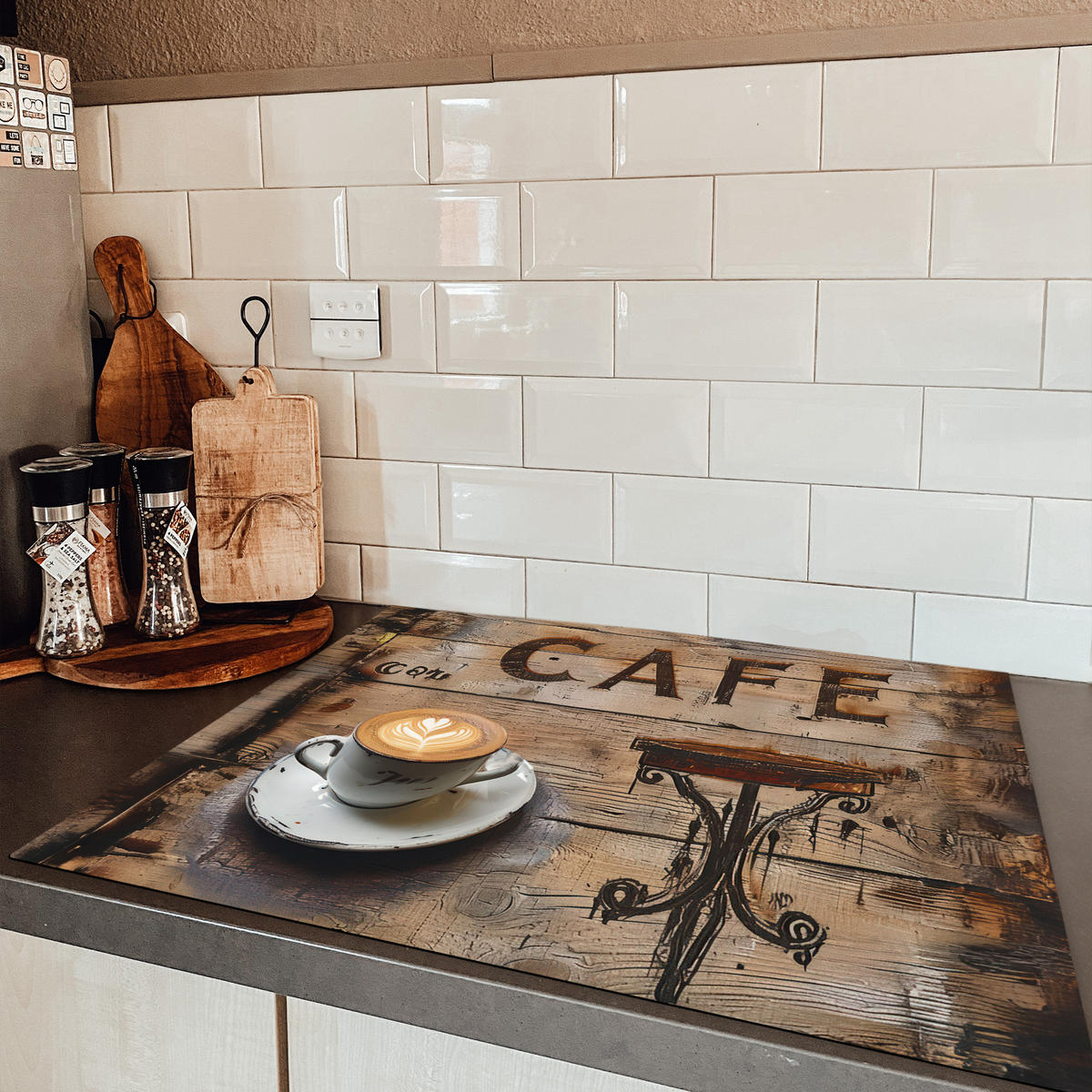 HERDABDECKPLATTE Cafe - Holz - Kaffee - Regale 77x59 cm - Schwarz, Kunststoff (77/0.2/59cm) - MuchoWow