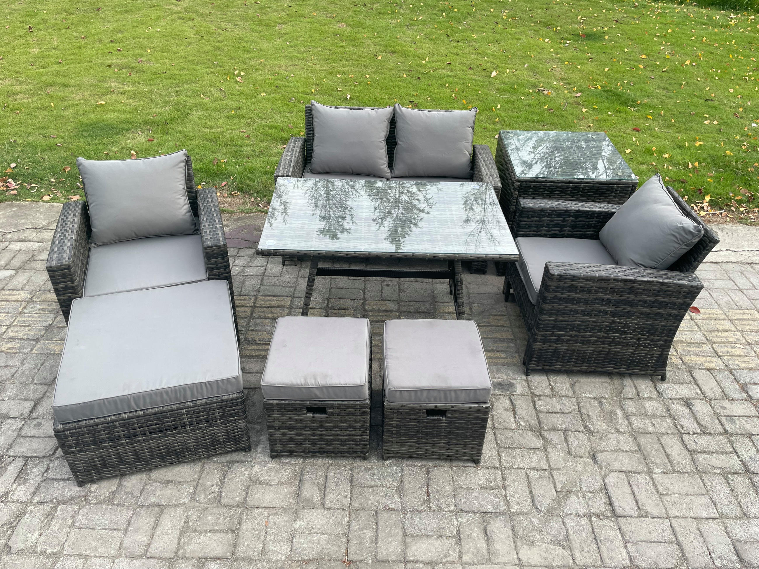 GARTENMÖBELSET mit ESSTISCH,HOCHLEHNER-SOFA Polyrattan Dunkelgrauer Mix 7-Sitzer - Dunkelgrau/Grau, Glas/Kunststoff - Fimous
