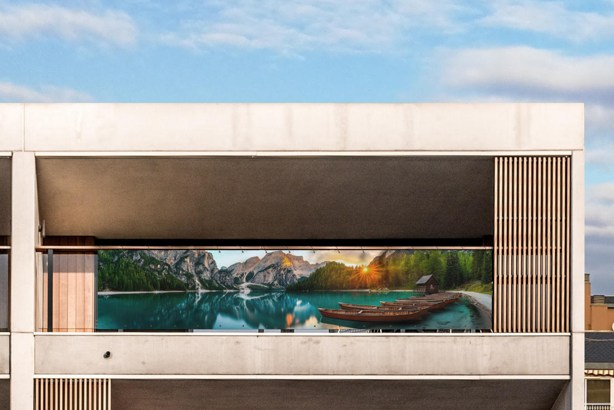 BALKON-SICHTSCHUTZ See - Berge - Sonnenuntergang - Boot - Petrol, Kunststoff (500/100cm) - MuchoWow