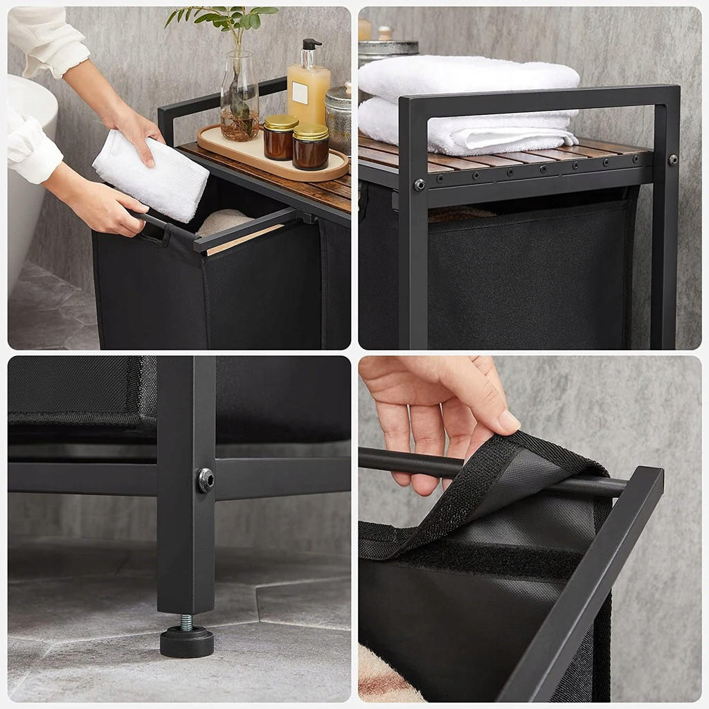 WÄSCHEKORB – 2 Fächer - Schwarz/Braun, Holz/Textil (73/72/33cm) - VASAGLE
