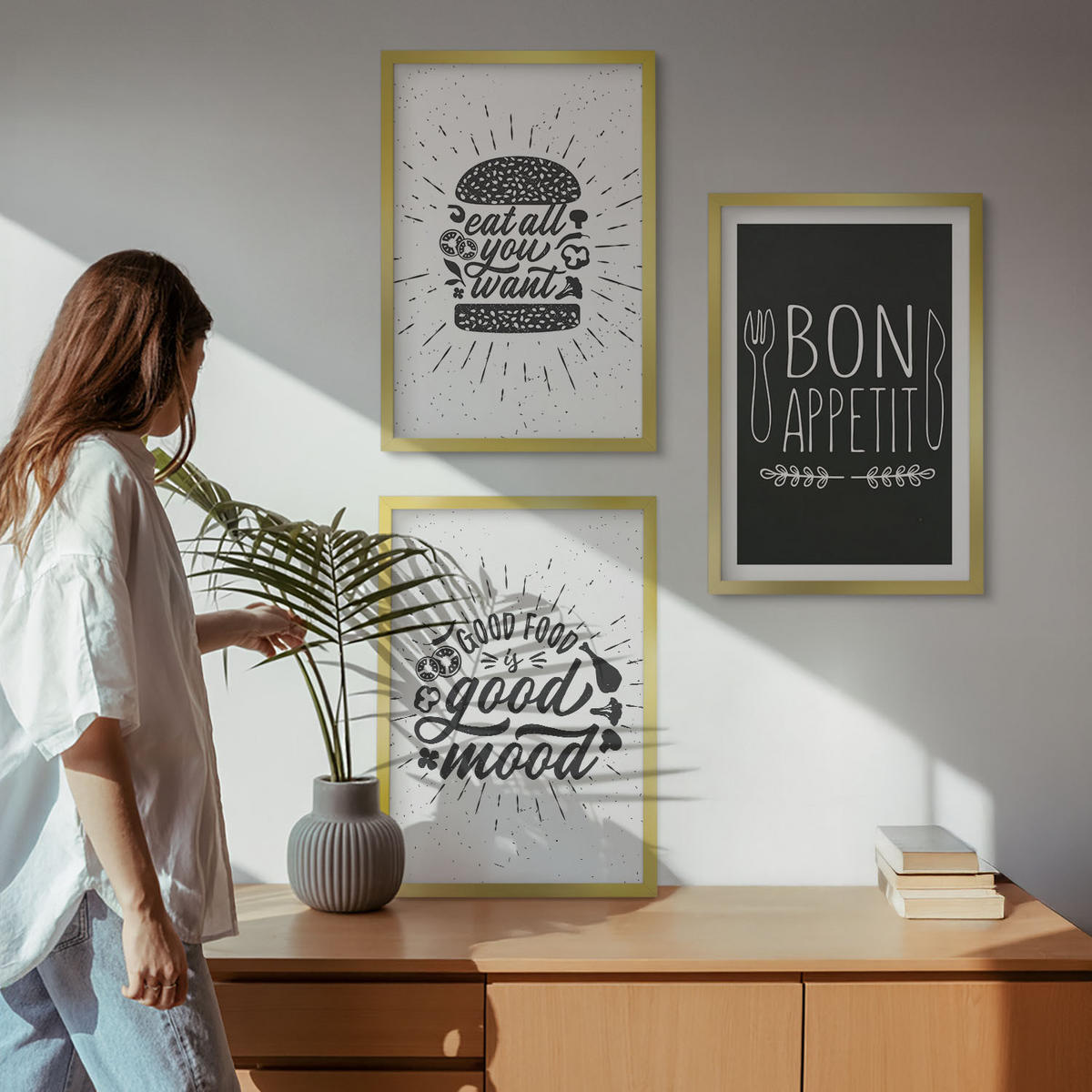 WANDBILDER 3er Set - 40x60 cm Goldrahmen - Grafiken, Lebensmittel, kulinarische Slogans - Goldfarben, Kunststoff (40/60cm) - ArtPrintCave