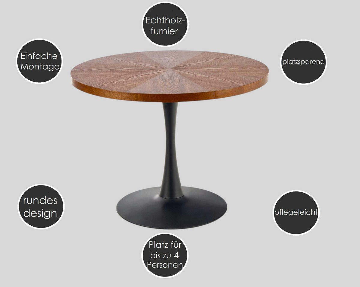 ESSTISCH Rund HAW-333 Walnuss Wenge Schwarz Echtholzfurnier 100/75 cm - Walnussfarben, Holz (100/100/75cm) - designimpex