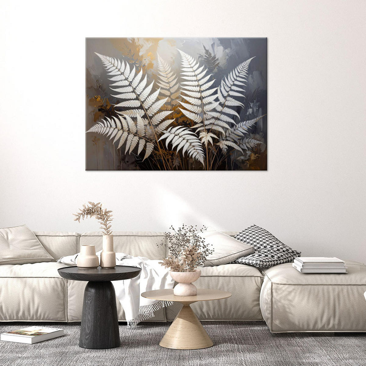 BILDER, Farnblätter Natur Pflanzen weiß grau - Grau, Textil (60/40cm) - Feeby