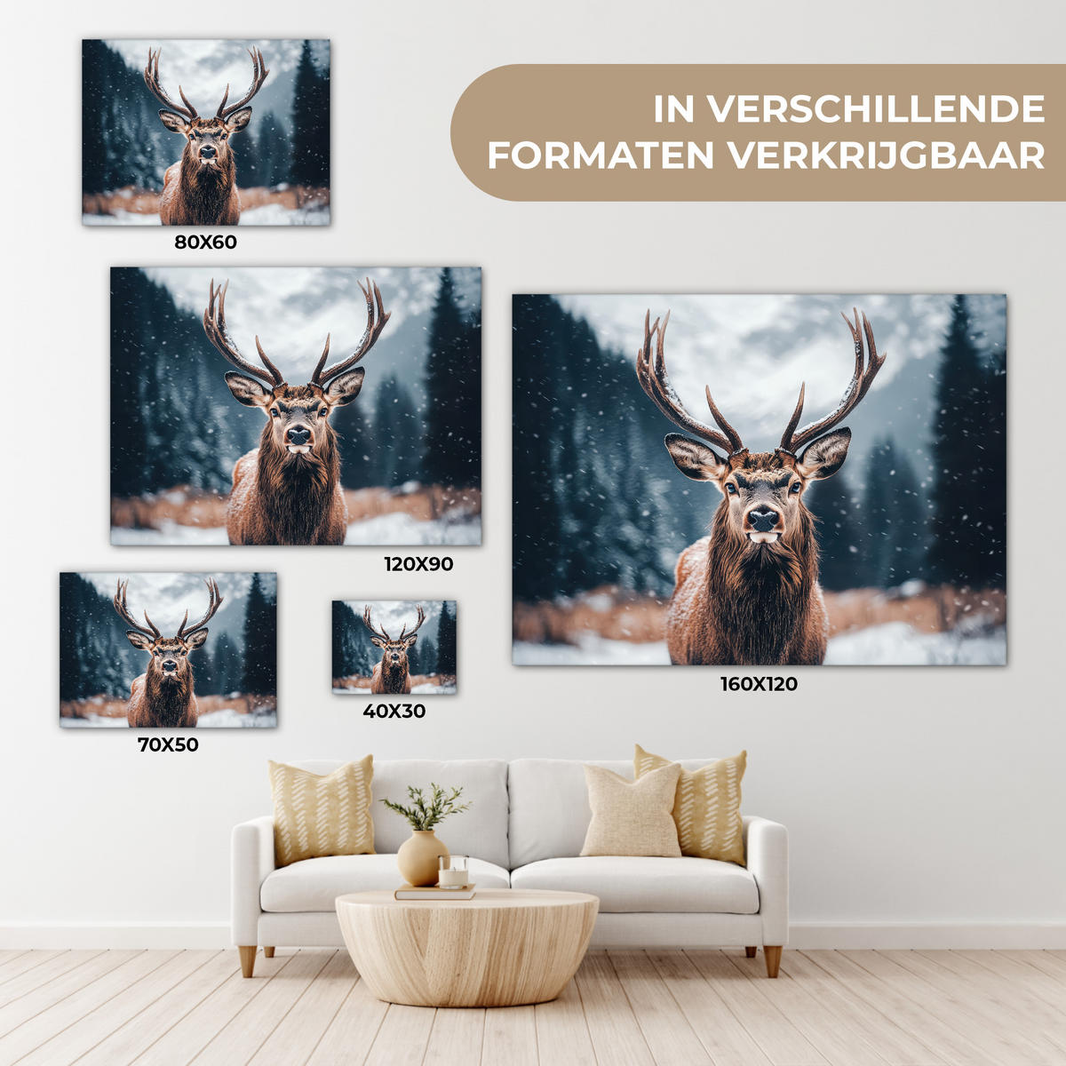 LEINWANDBILD Hirsche - Tiere - Landschaft - Winter - Schnee Wandbilder 80x60 cm - Kastanienfarben, Textil (80/60cm) - MuchoWow