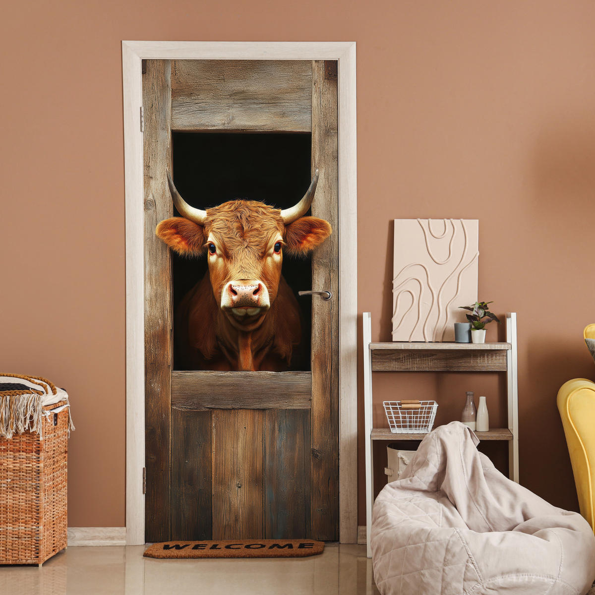 TÜRAUFKLEBER Kuh - Fenster - Holz - Tiere Wanddeko 90x205 cm - Türtapete - Wengefarben, Kunststoff (90/0.1cm) - MuchoWow