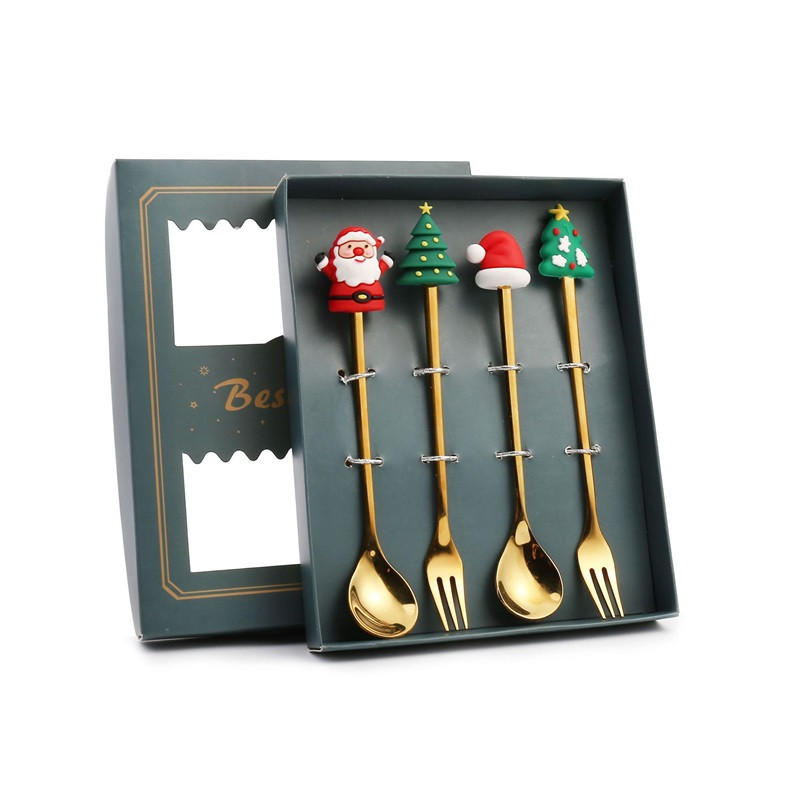 WEIHNACHTS-BESTECK-SET 4-teiliges Edelstahl mit Aufbewahrungsbox Grün - Goldfarben, Metall