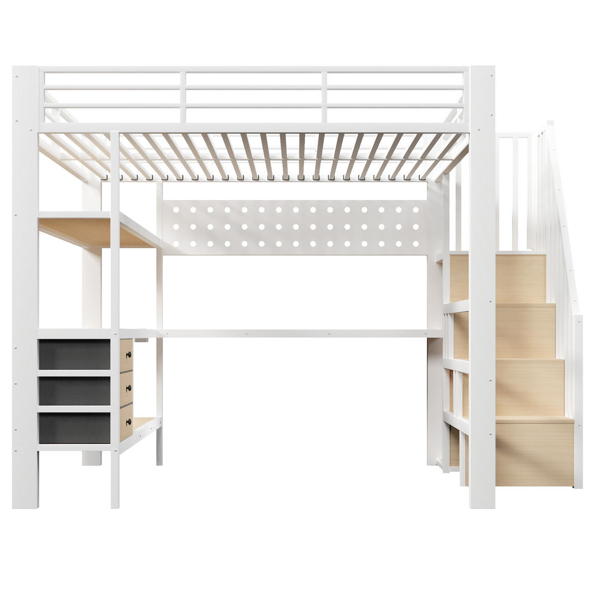 HOCHBETT 140/200 cm aus Metall und MDF mit Schreibtisch, Stauraumtreppe und LED-Beleuchtung Weiß - Weiß, Holzwerkstoff (140/200cm) - Modenvie