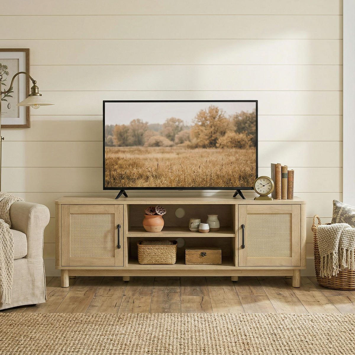 TV-LOWBOARD Eichefarben/Natur 135/39/45 cm, 2 Türen mit Rattangeflecht - Eichefarben, Naturmaterialien (135/45/39cm) - PANGIVO