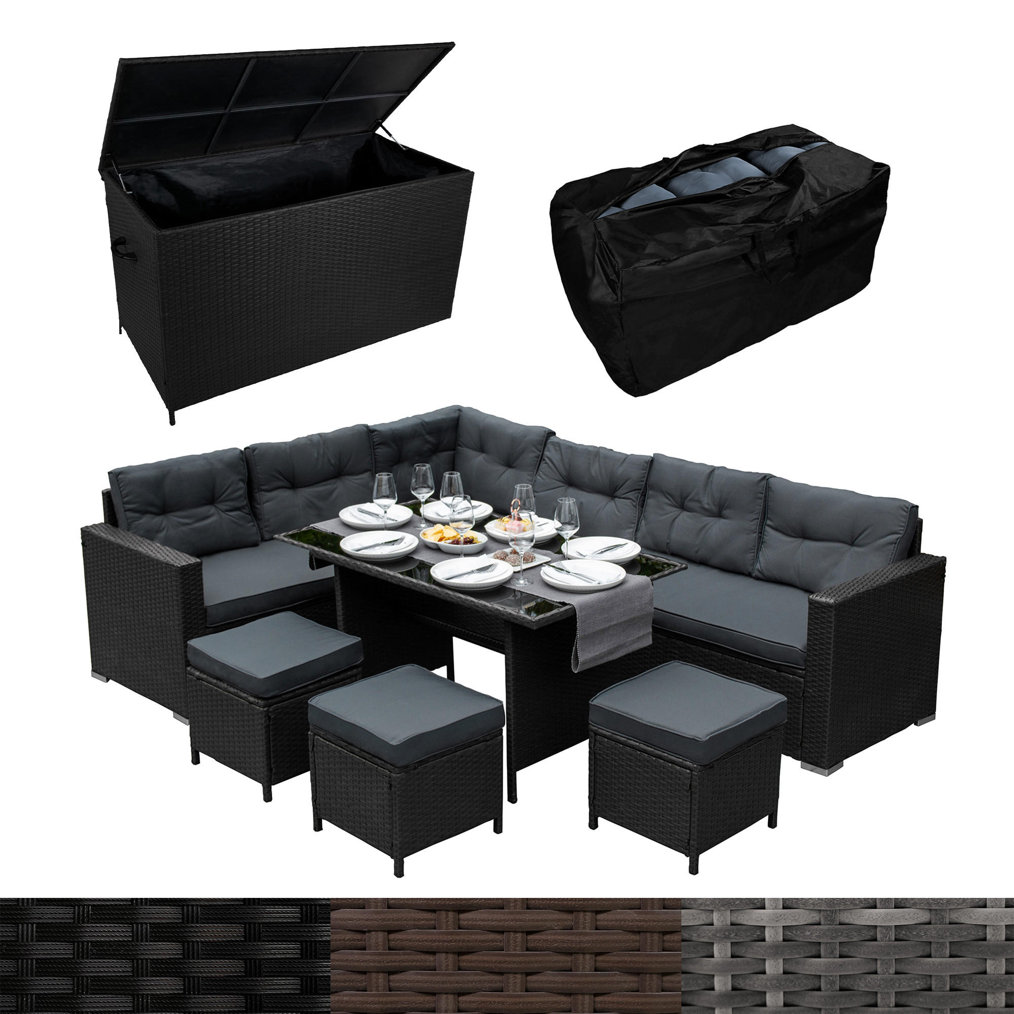 ECKGARNITUR Rattan & Kissenbox - Schwarz - Schwarz, Naturmaterialien - Monstershop
