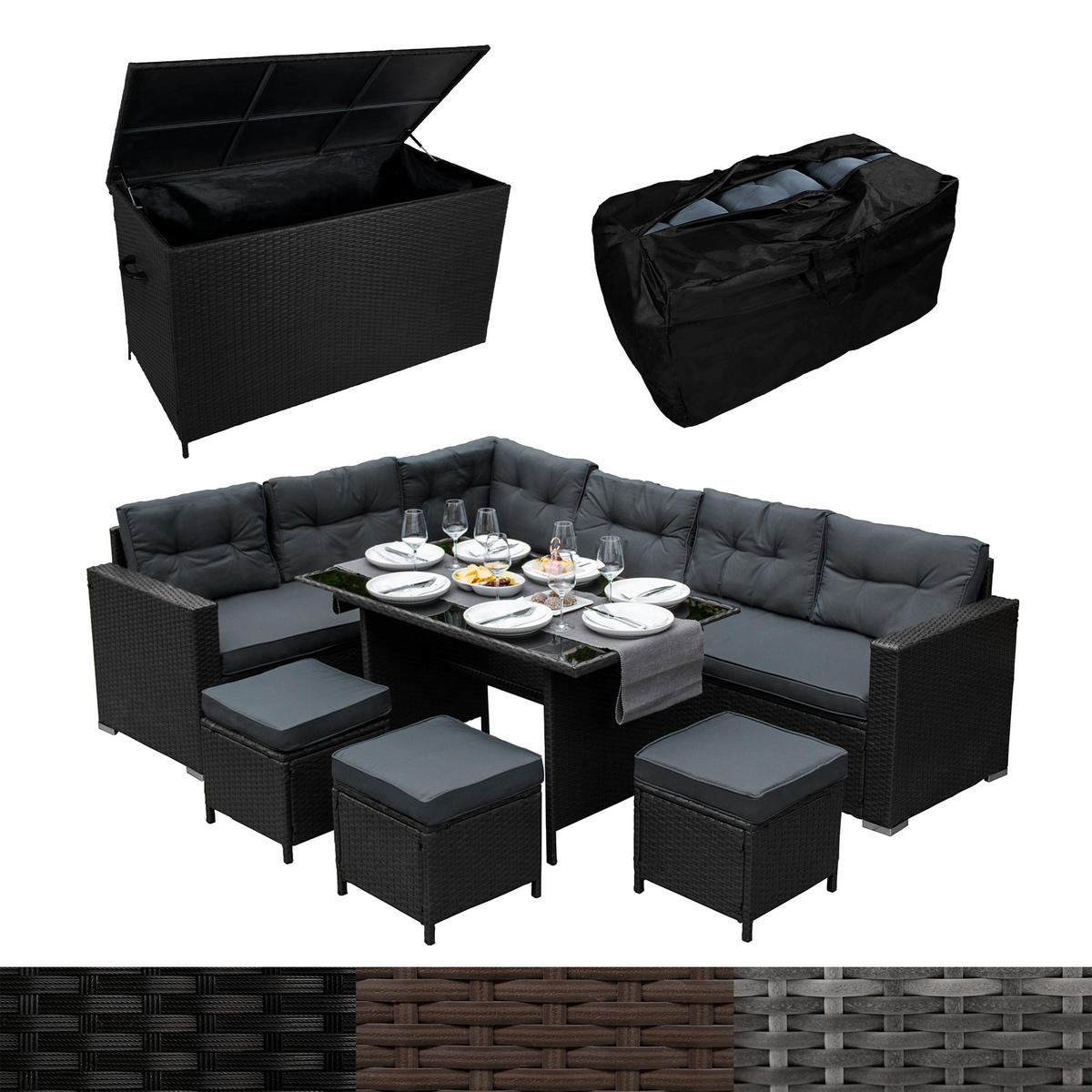 ECKGARNITUR Rattan & Kissenbox - Schwarz - Schwarz, Naturmaterialien - Monstershop