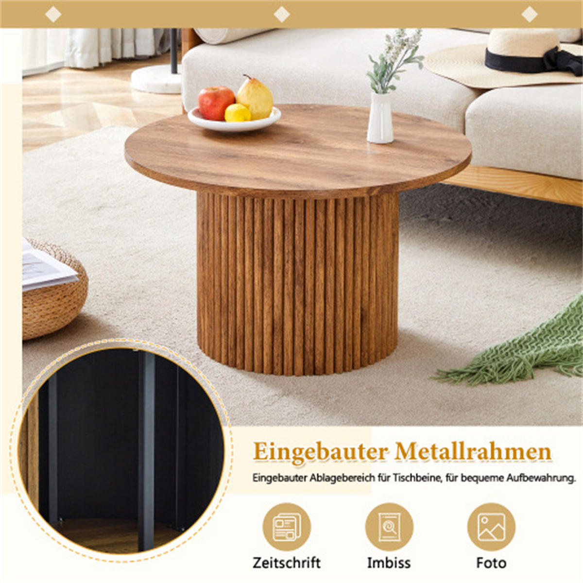 COUCHTISCH rund Säulendesign, Holzoptik, 70x70x42 cm - Braun, Holzwerkstoff (70/70/42cm) - Blomus