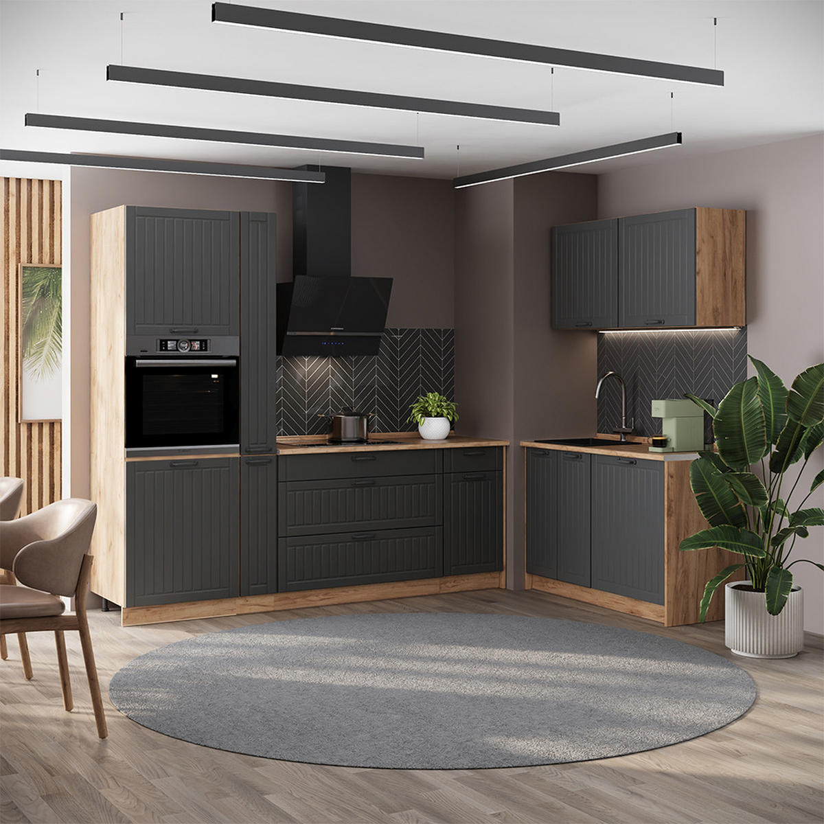 KUCHYŇA Fame-Line, Tmavo-sivá/Dub Goldkraft, 220 x 120 cm, AP Antracit - dub medový/tmavosivá, kompozitné drevo (220/206.8/60cm) - Vicco