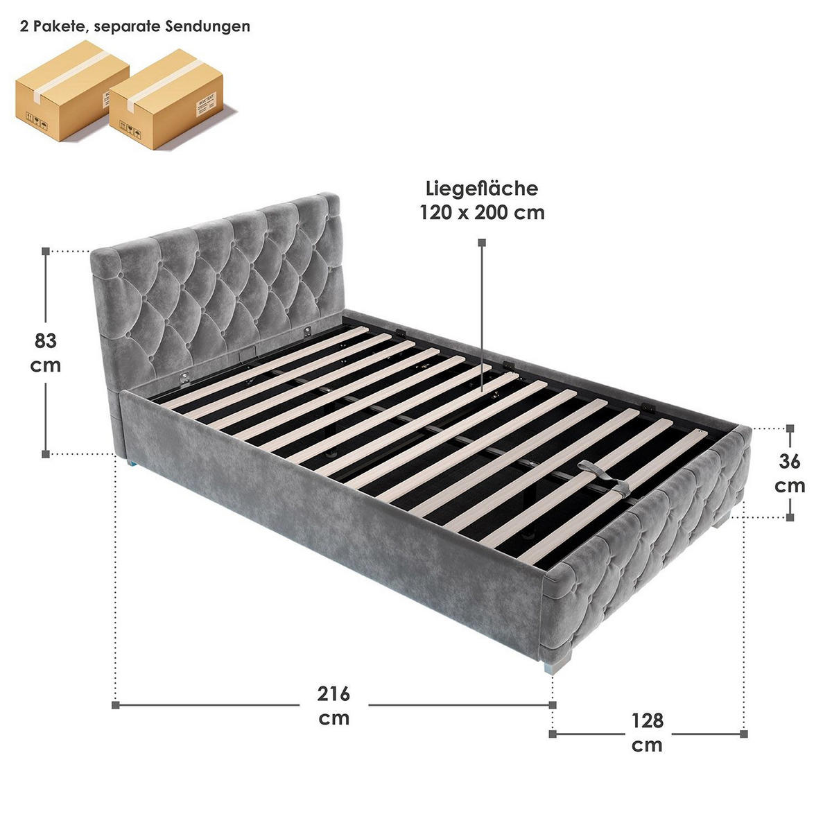 POLSTERBETT Nizza Dunkelgrau 120x200 cm mit Bettkasten und LED - Dunkelgrau, Holzwerkstoff (120/200cm) - Juskys