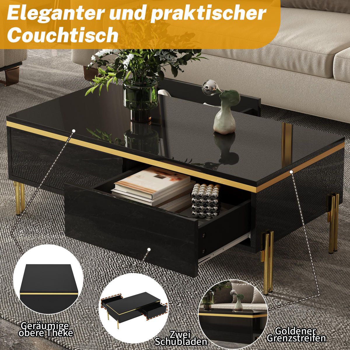 COUCHTISCH 100/50/36 cm in Schwarz aus Spanplatte mit Stauraum und Metallbeinen - Schwarz, Holzwerkstoff (100/50/36cm) - OKMYHOME
