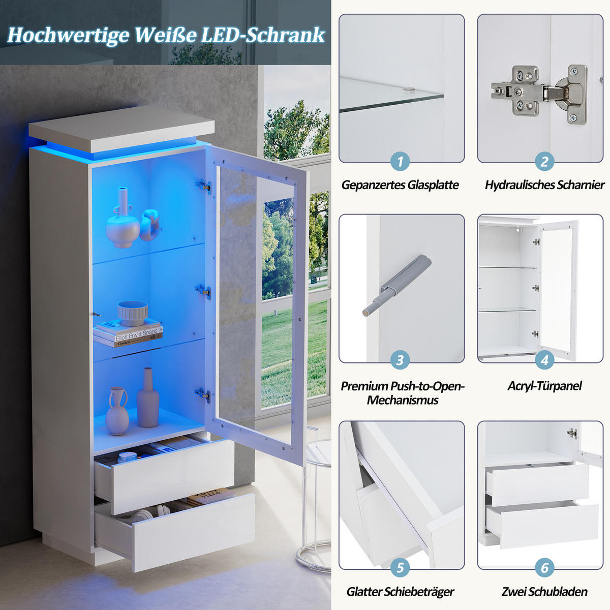 VITRINE in Weiß Hochschrank mit LED-Beleuchtung und 2 Schubladen für Wohnzimmer, B60/T40/H171cm - Transparent/Weiß, Glas/Holzwerkstoff (60/171/40cm) - STILVORA