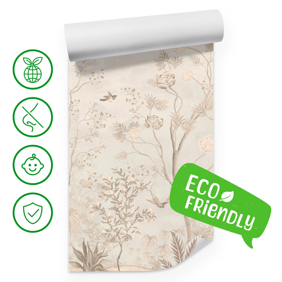 FOTOTAPETE für Esszimmer Weiße Vögel Bäumen Natur Kräne Blumen 450x315 - Beige, Papier (450/315cm) - Muralo