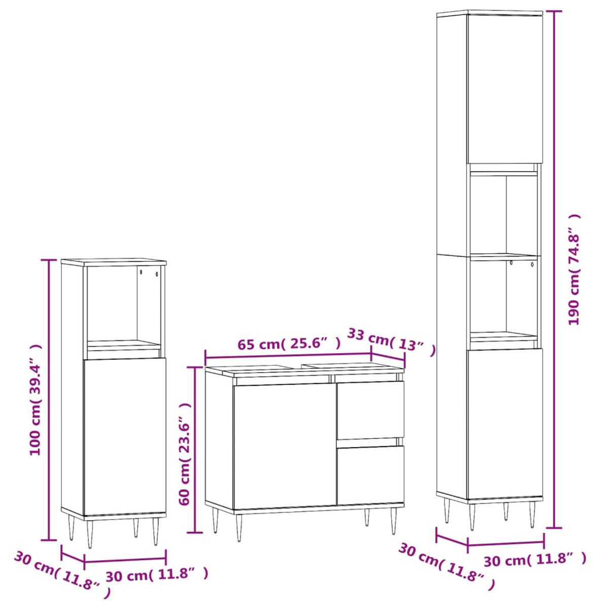 BADMÖBEL-SET 3-TLG. Grau Sonoma Holzwerkstoff - Grau, Holzwerkstoff (30/190/30cm) - vidaXL