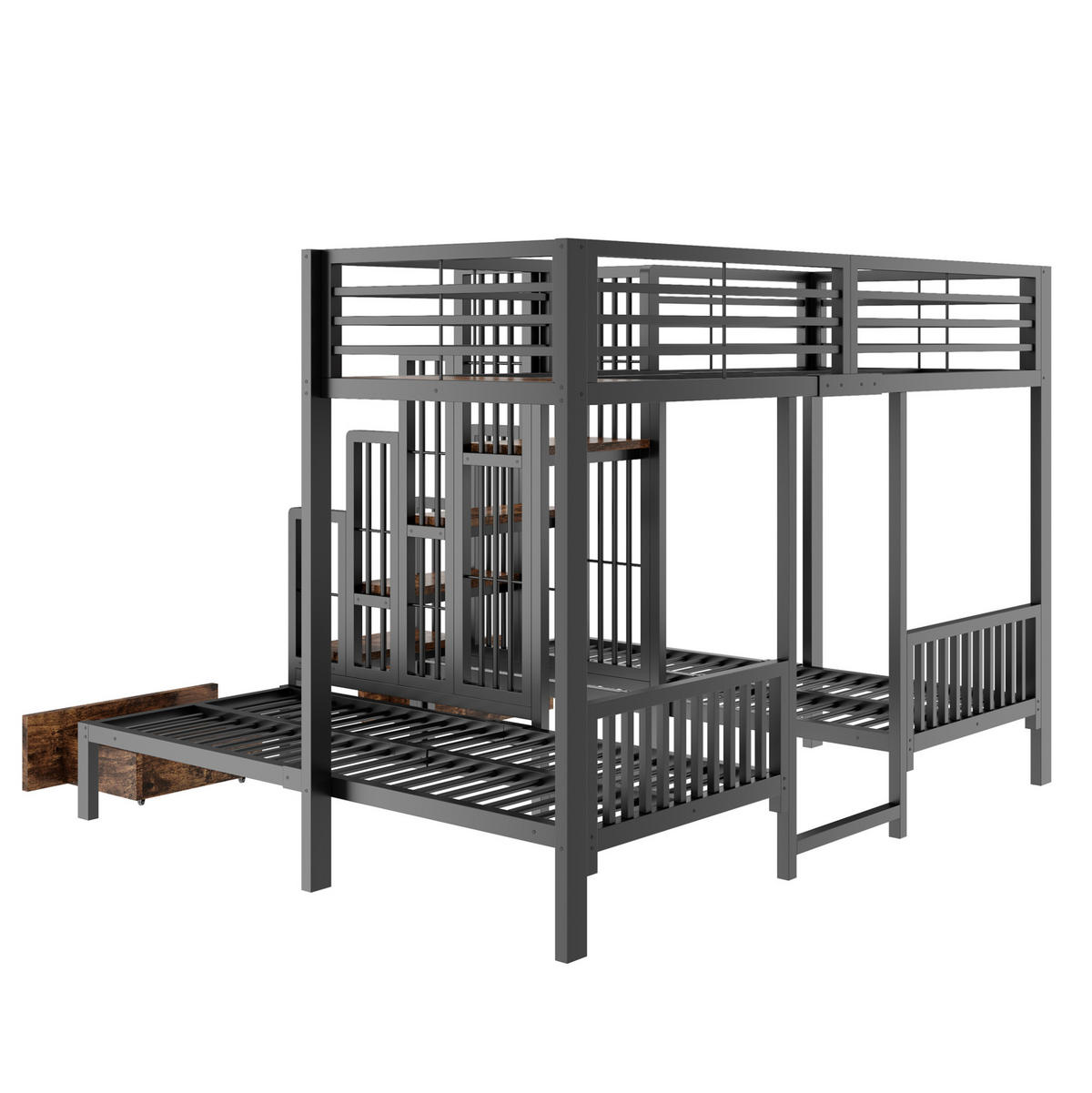 ETAGENBETT aus Metall und Holz 90x200 cm Schwarz mit Treppe, Sicherheitsgeländern und 2 Schubladen - Schwarz, Metall (90/200cm) - Modfu