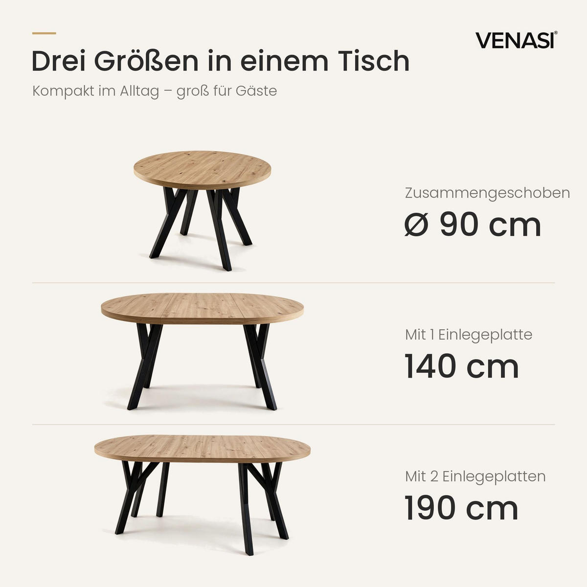 ESSTISCH ausziehbar rund 90-190 cm ATO Aristan, Auszugstisch mit Einlegeplatte - Dunkelbraun/Schwarz, Holzwerkstoff (90/90/77cm) - VENASI MÖBEL