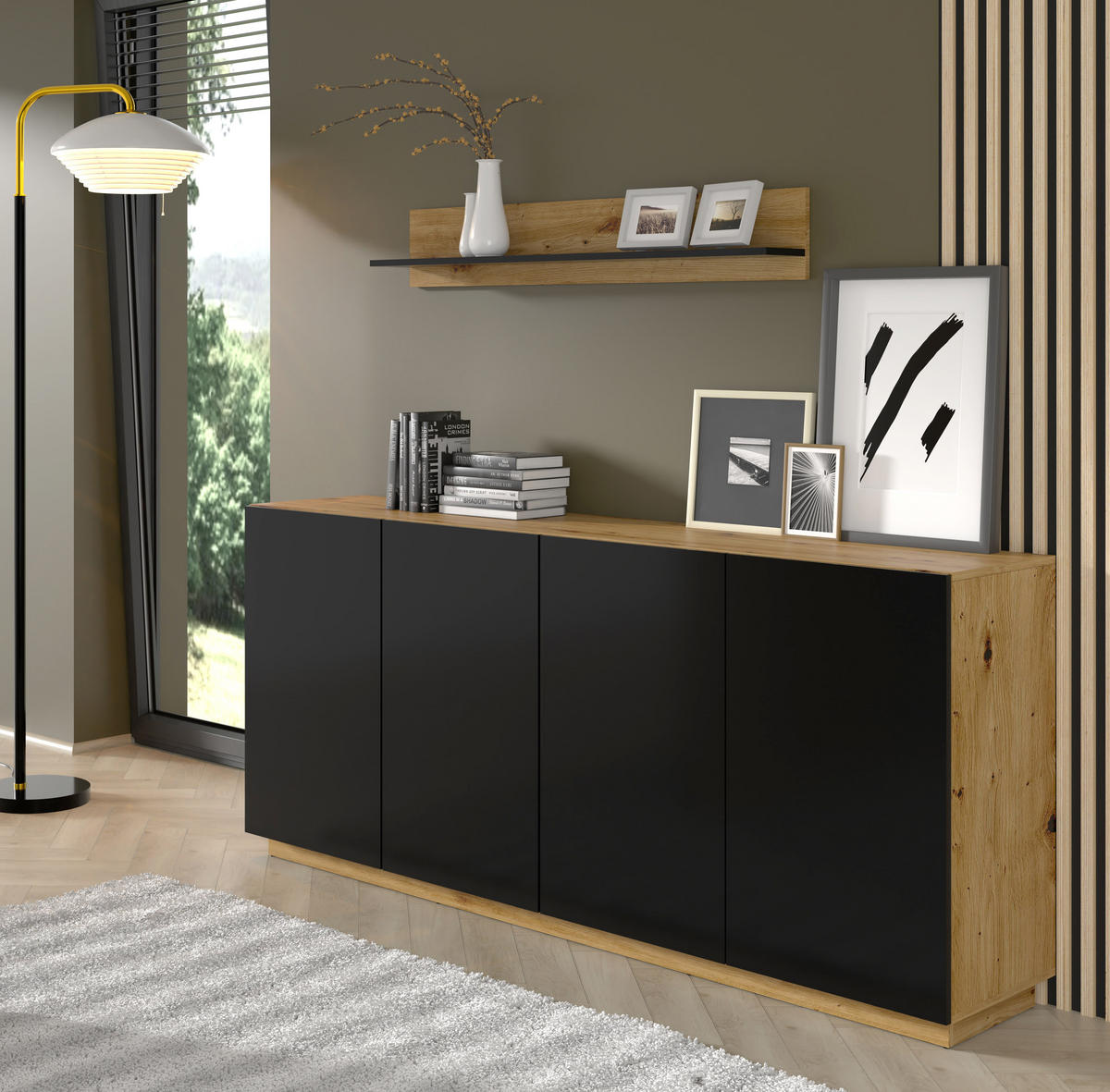WANDREGAL Artisan Eiche, Schwarz 150/20/16 - Schwarz, Holzwerkstoff (150/20/16cm) - RAUMHIRSCH FURNITURE