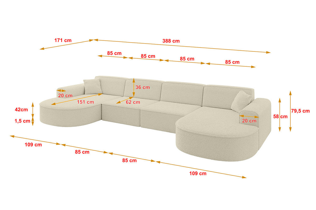 WOHNLANDSCHAFT MARI-U2 - 388x171x79 cm Beige Bouclé - Beige/Schwarz, Holzwerkstoff/Kunststoff (388/79/171cm) - ALTDECOR