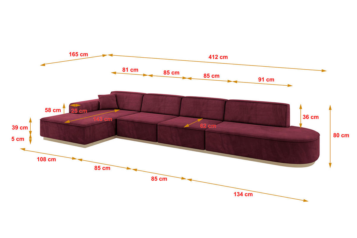 ECKSOFA Ottomane Links IREA-L3 - 412x165x80 cm Bordeauxrot - Bordeaux, Holzwerkstoff/Textil (412/165cm) - ALTDECOR