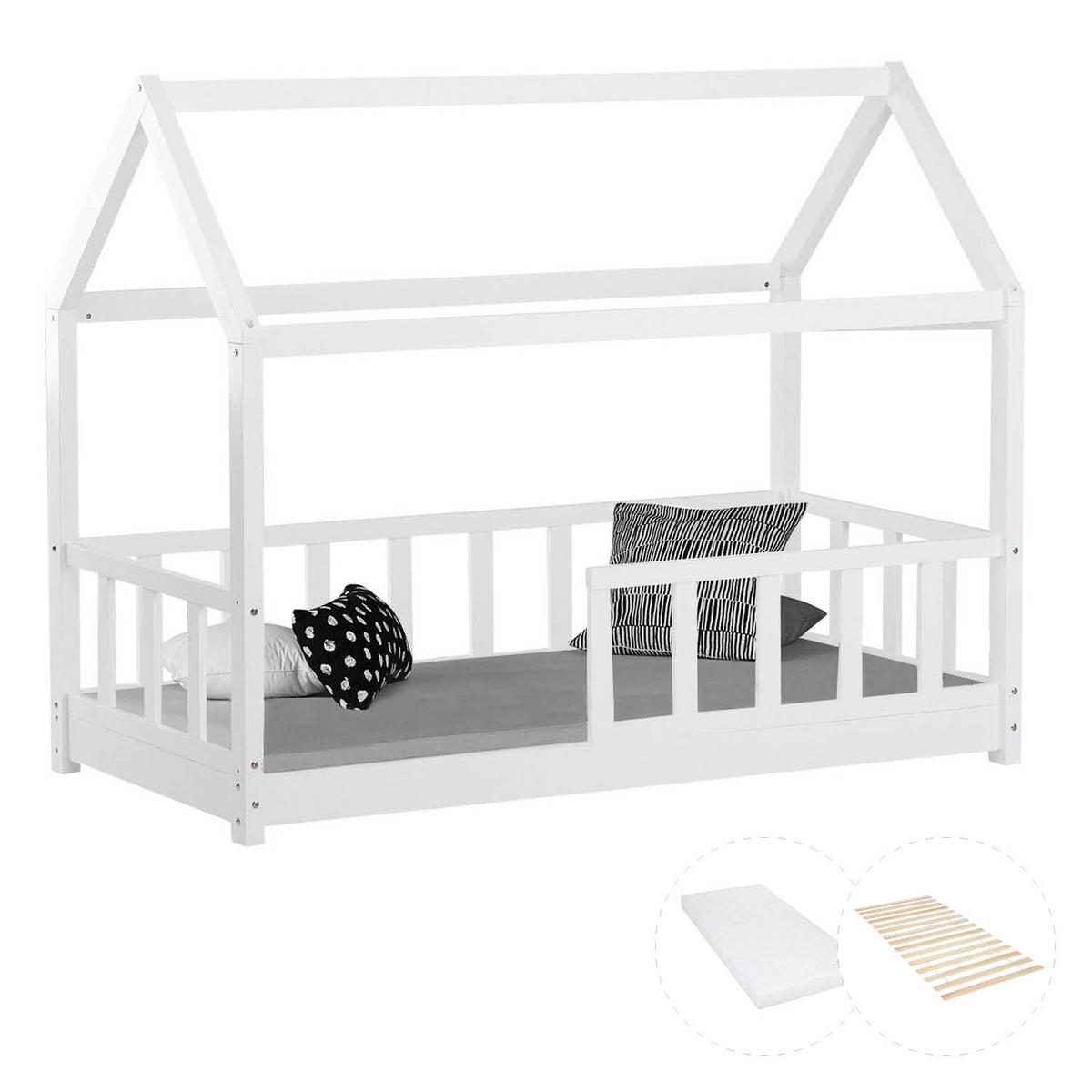 KINDERBETT 80/160 cm Bodenbett Weiß mit Matratze und Lattenrost - Weiß, Holz (87/136/166cm) - Homestyle4u