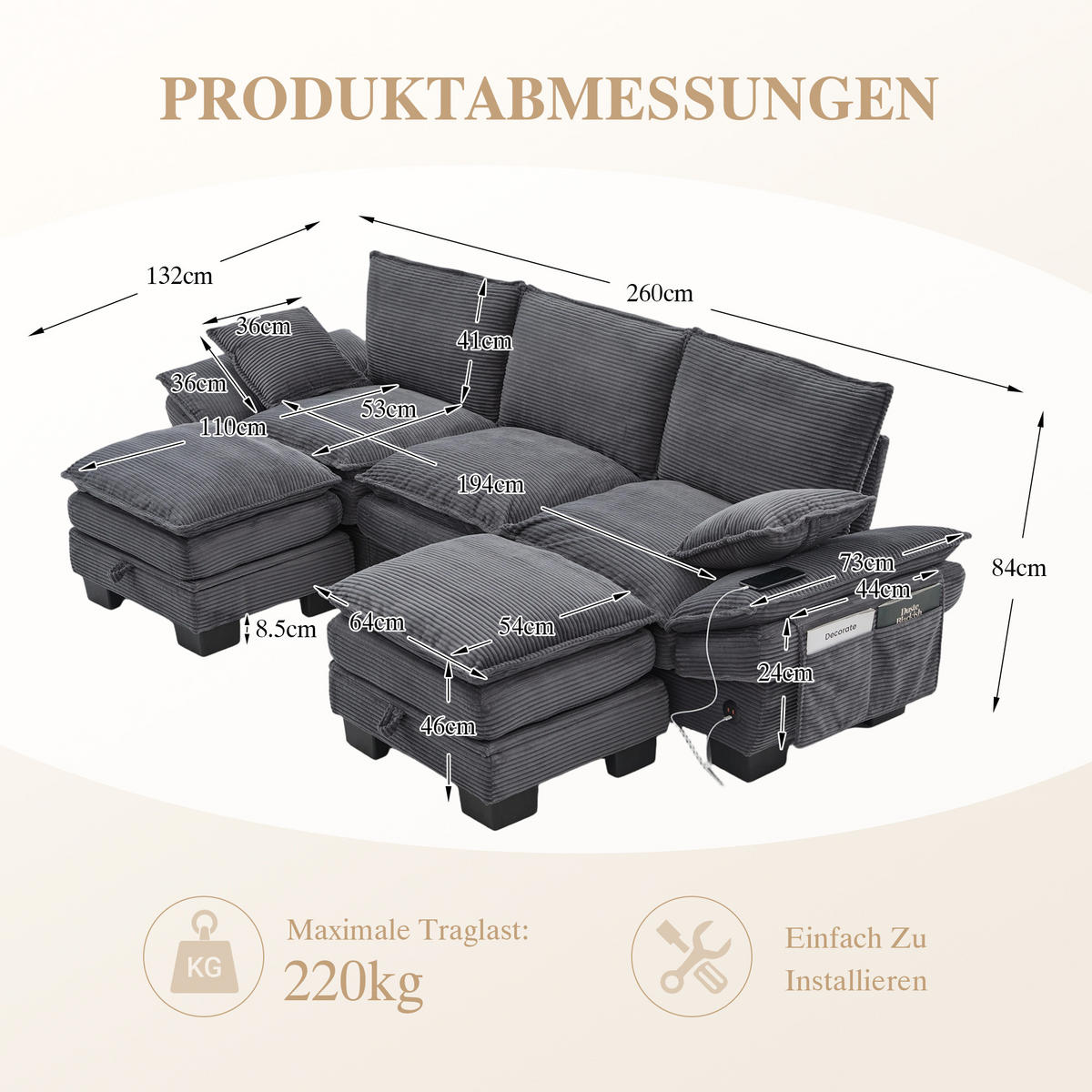 3-SITZER Sofa aus Cordstoff 260x132x84 cm mit USB-C & Seitentaschen, dunkelgrau - Dunkelgrau, Textil (132/84/260cm)