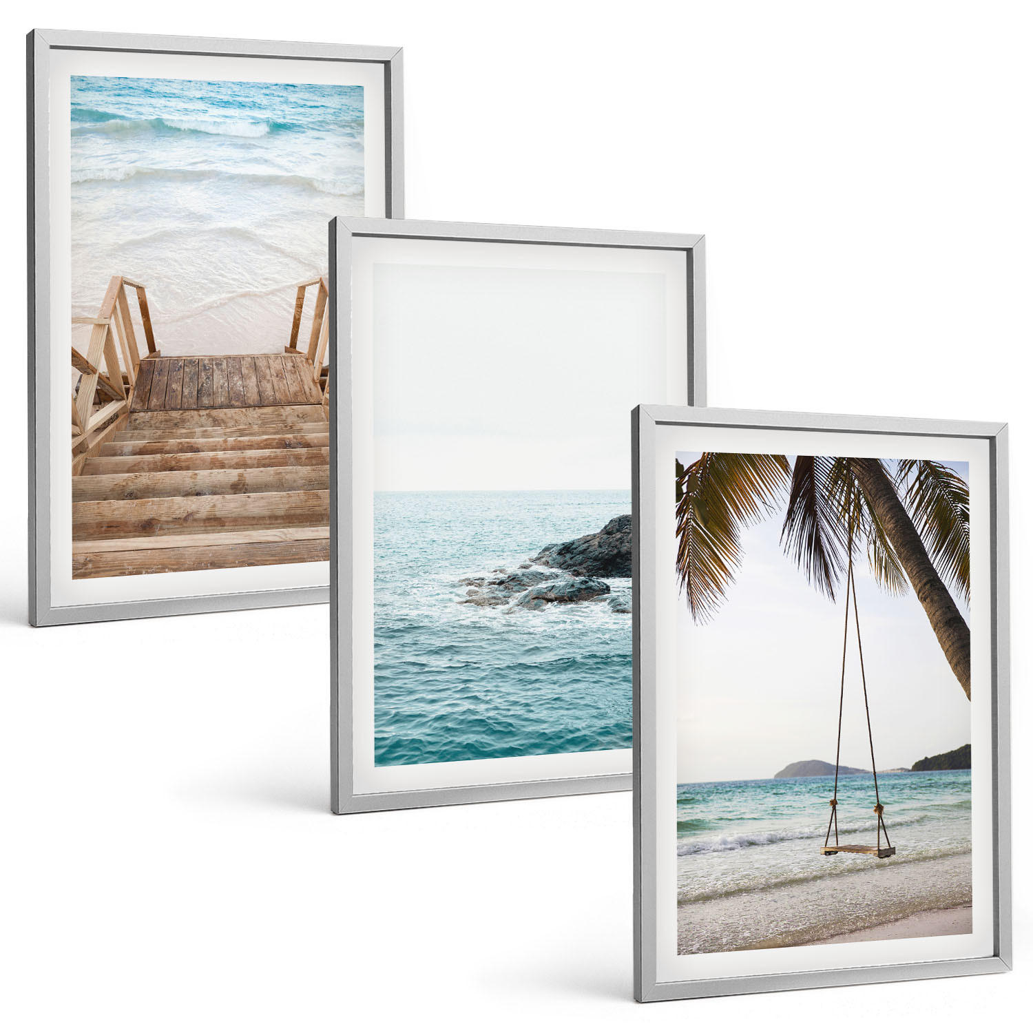 BILDER SET 3er Set - 40x60 cm Silberner Rahmen - Treppe Strand Meer Schaukel - Silberfarben, Kunststoff (40/60cm) - TULUP